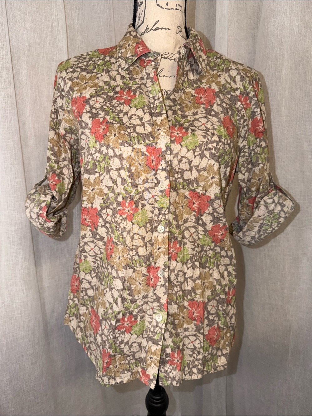Charter Club Floral Linen Cotton Blend Button-Down Shirt